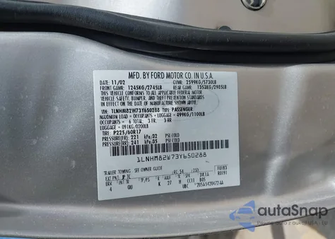 2003 Lincoln Town Car Signature from USA, damaged, VIN 1LNHM82W73Y650288